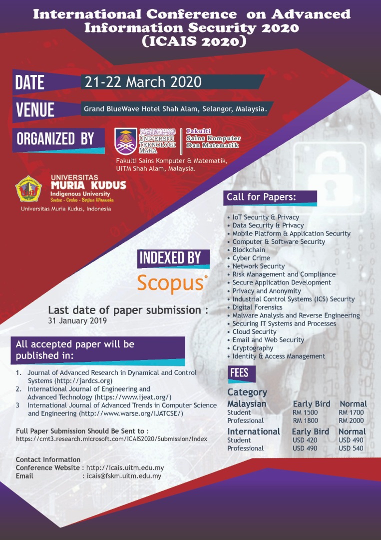Call For Paper (SCOPUS INDEXED): ICAIS 2020, 21 March 2020, Shah Alam
